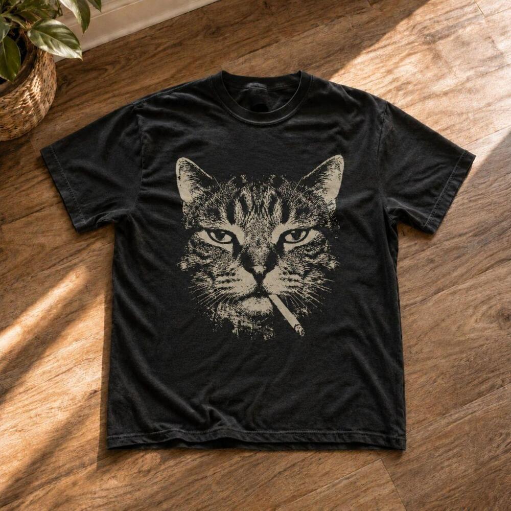 Cat Smoking Graphic Tee Black Unisex